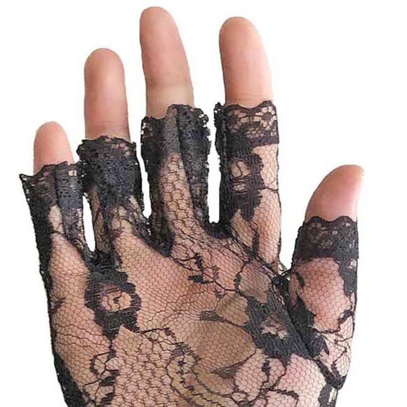 Fingerless Black Lace Gloves Womens One Size OS Wrist Length with Ruffle - Picture 9 of 9
